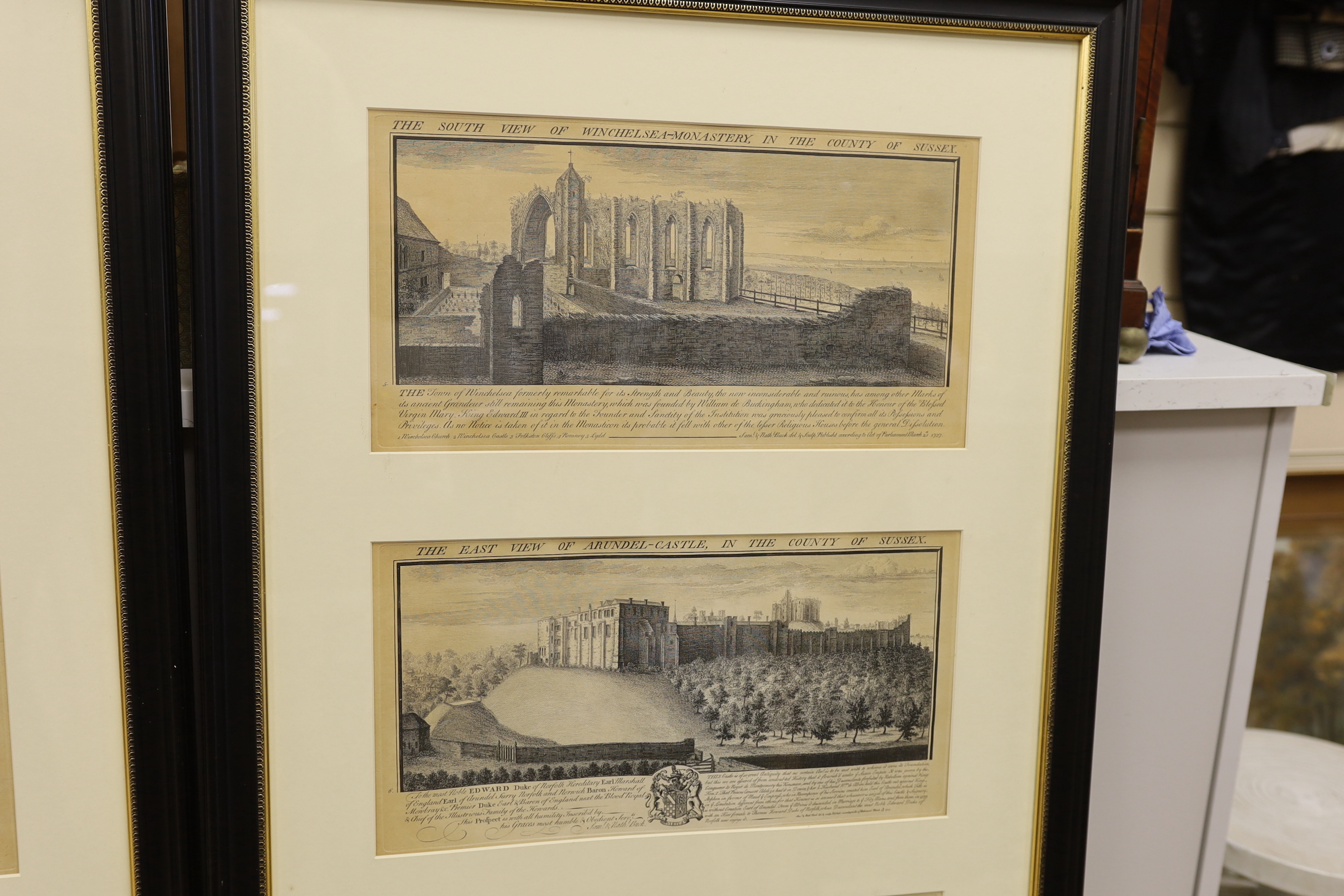 S & N. Buck. A set of twelve 18th century black and white engravings of Sussex Castles and Priories, including Pevensey Castle and Bodiam Castle, framed as three, 38 x 19cm